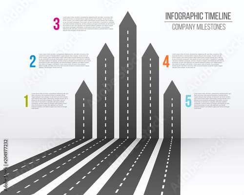 Creative vector illustration of 3D arrow roads map. Art design business and journey infographic. Abstract concept graphic element. Diagram, workflow, timeline, web. Highway with markings.