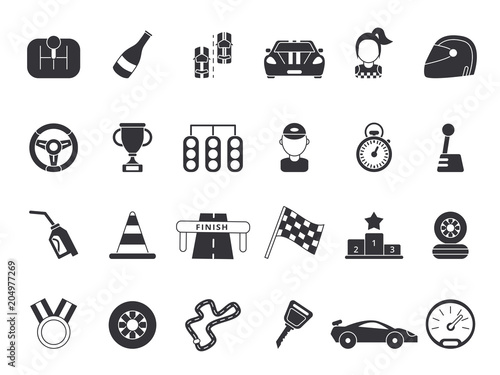 Monochrome pictures set of sport symbols for formula 1 and racing cars