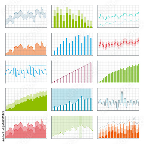 Creative vector illustration of business data financial charts. Finance diagram art design. Growing, falling market stock analysis graphics set. Concept graphic report element. Profit summary tools