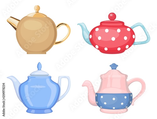 Collection of ceramic teapots for tea or coffee. Vector illustration.