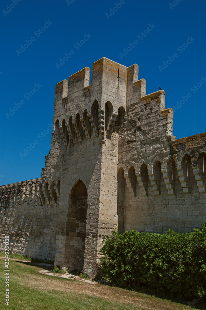 View of the walls and towers around the city center of Avignon, under a sunny blue sky. Located in the Vaucluse department, Provence-Alpes-Côte d'Azur region, southeastern France