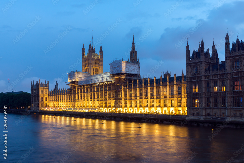 Night photo of Houses of Parliament  from Westminster bridge, London, England, Great Britain