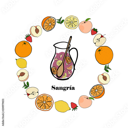 Traditional spanish alcohol drink.  Sangria. Hand drawn jug of fresh homemade sangria in round frame of orange , peach, lemon, strawberry, apple. Vector