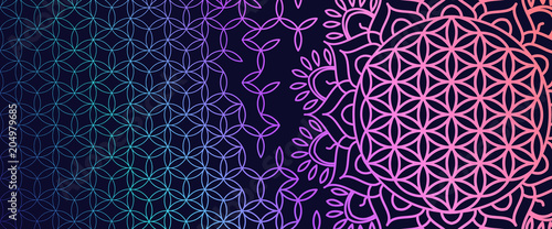 Yoga bright background. Template with a symbol of sacred geometry in acid color on a dark substrate for sites of spiritual development. Flower of Life.