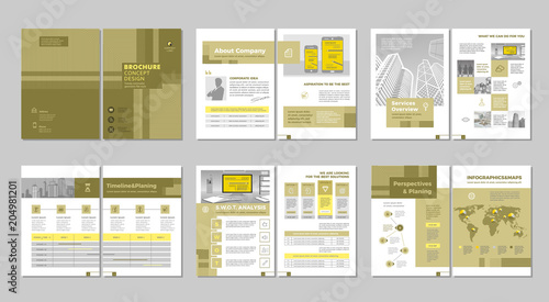 Brochure creative design. Multipurpose template with cover, back and inside pages. Trendy minimalist flat geometric design. Vertical a4 format.