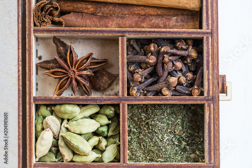 ginger, mint, clove, chili flakes, cardamon, star anise, cinnamo photo