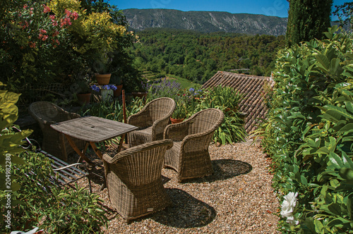 фотографія View of small garden with mountains and sunny blue sky in the background, at the village of Menerbes