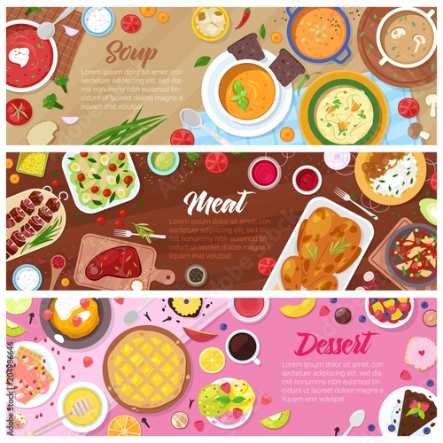 Food vector cooked meal soup meat and sweet dessert cake with fruits in restaurant menu illustration set of pea-soup in bowl and beefsteak on plate isolated on white background