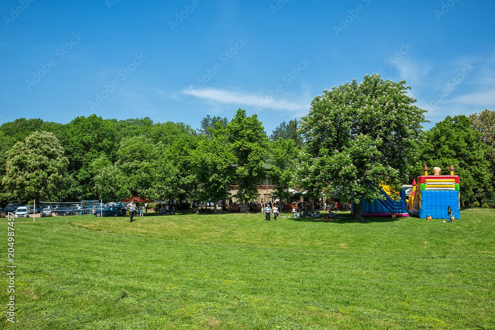 Naklejka premium Fruska Gora, Serbia May 01, 2018: International Labor Day. People celebrate the holiday in the forest. This is located for Fruska Gora and Andrevlje.
