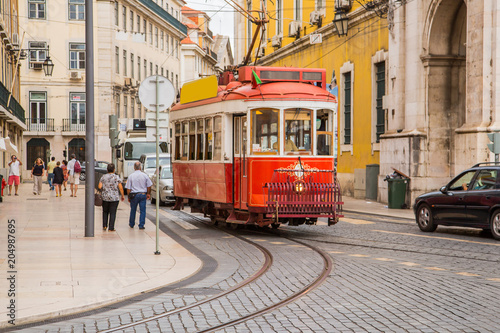 Portugal - Old red beautiful touristic tramway in Lisbon