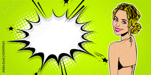 Elegance pop art woman swimsuit look back. Blonde smiling girl wow face hello summer. Comic text speech bubble vector illustration. Party poster advertisement. Halftone vintage cartoon style