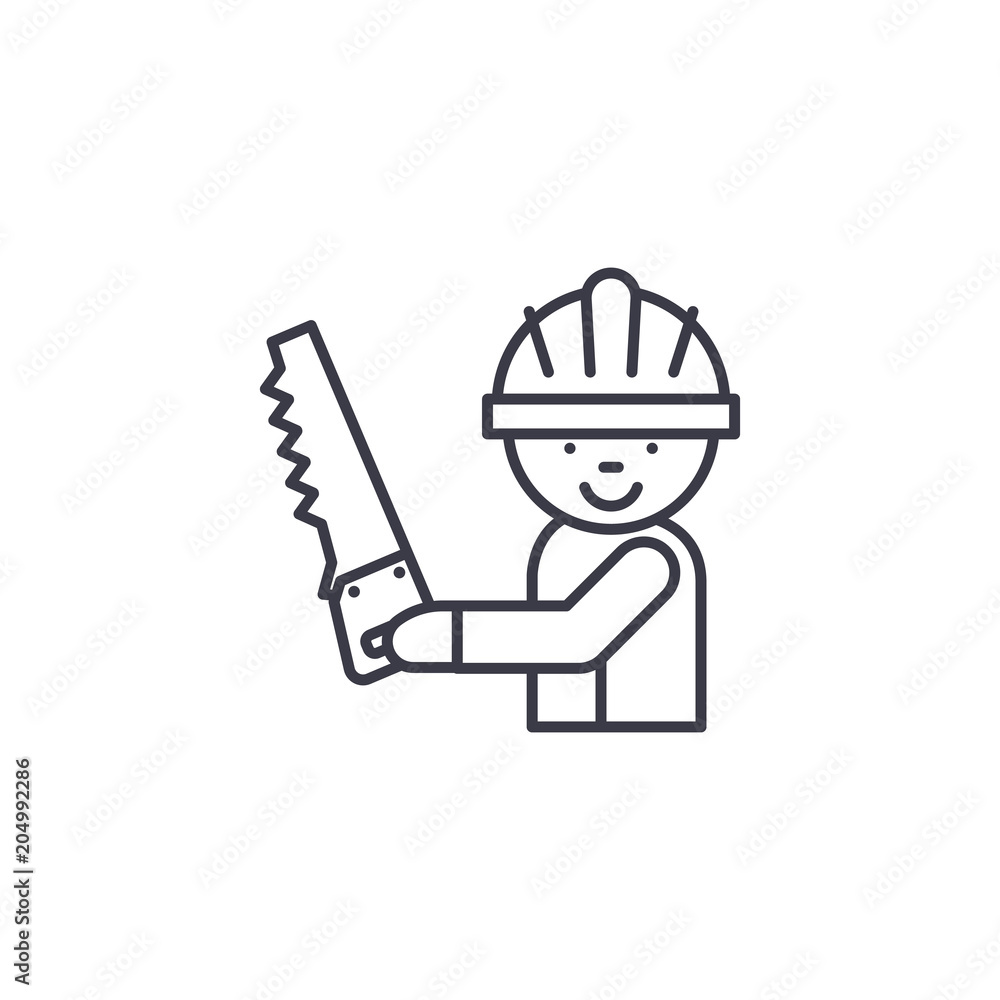 Carpenter with saw linear icon concept. Carpenter with saw line vector sign, symbol, illustration. Carpenter with saw linear icon concept. Carpenter with saw line vector sign, symbol, illustration.