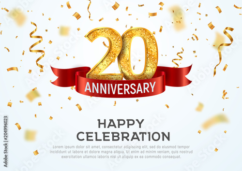 20 years anniversary vector banner template. Twentieth year jubilee with red ribbon and confetti on white background