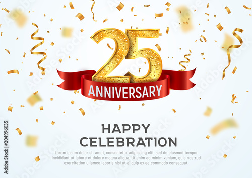 25 years anniversary vector banner template. Twenty five year jubilee with red ribbon and confetti on white background