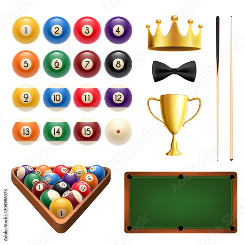 Billiards sport 3d icon with ball, cue and table