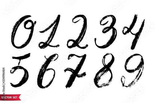 Vector set of hand drawn dry brush numbers. Black charcoal hand drawn figures images.