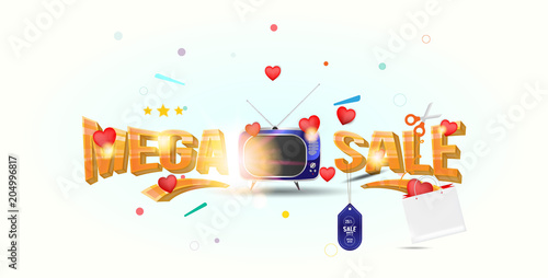 Mega sale of 25%. The concept for big discounts with voluminous text, a retro TV and red hearts on a light background with light effects. Flat vector illustration EPS10