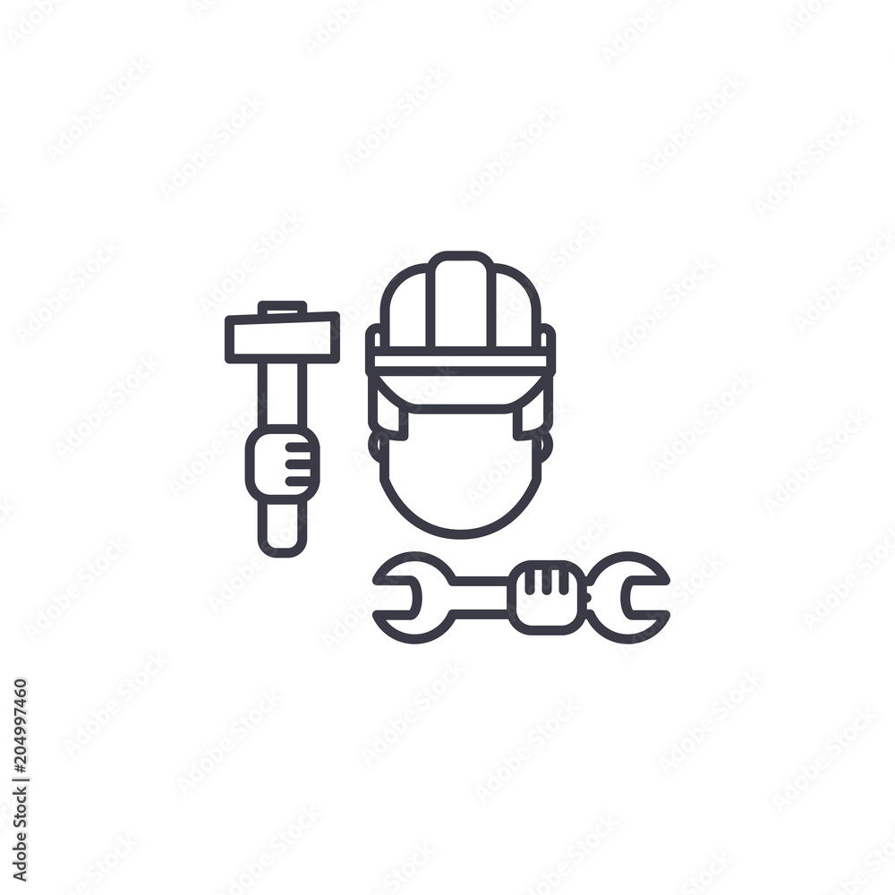 Construction worker linear icon concept. Construction worker line vector sign, symbol, illustration. Construction worker linear icon concept. Construction worker line vector sign, symbol, illustration.