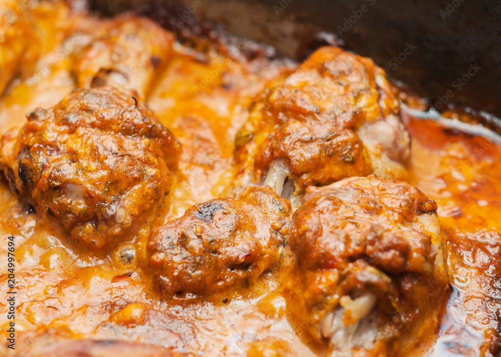 Fried meat, in a frying pan Fried meat, in a frying pan