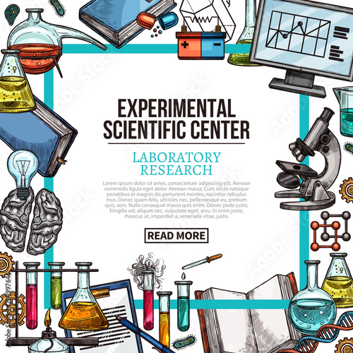 Scientific center poster with laboratory equipment