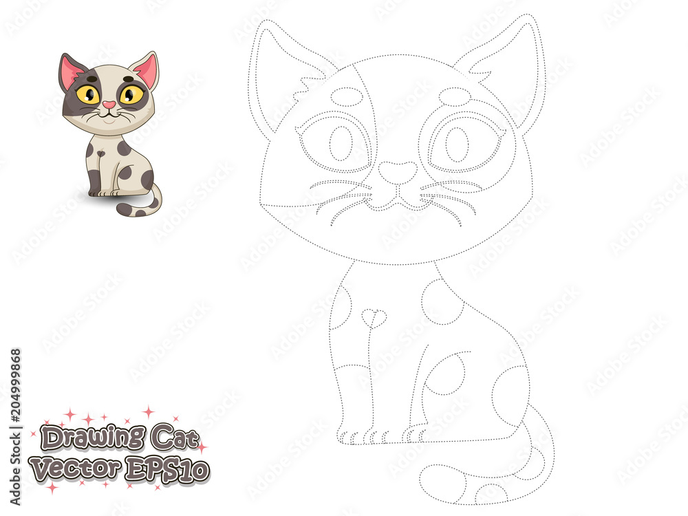 Drawing and Paint Cute Cartoon Cat. Educational Game for Kids. Vector Illustration. Drawing and Paint Cute Cartoon Cat. Educational Game for Kids. Vector Illustration.