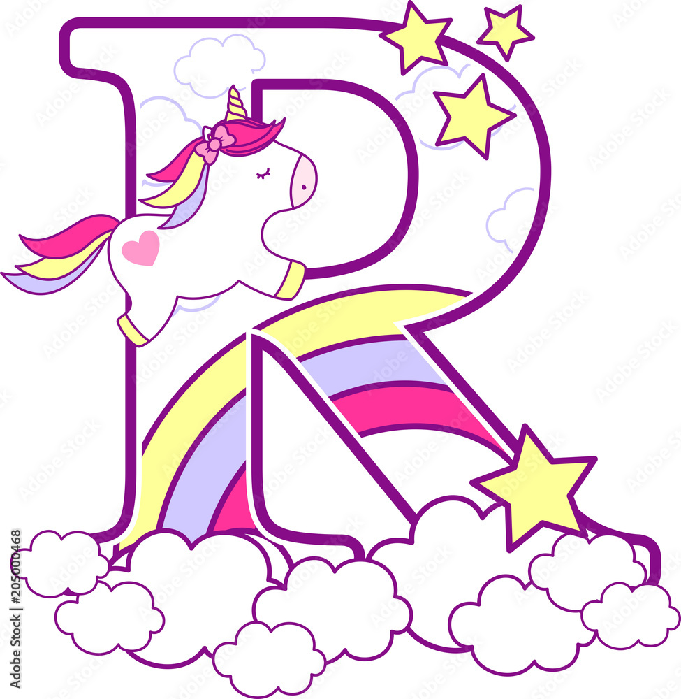 Initial R With Cute Unicorn And Rainbow Can Be Used For Baby Birth