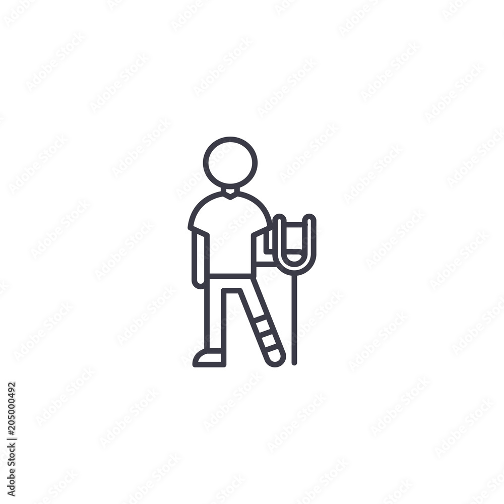 Crutch person linear icon concept. Crutch person line vector sign, symbol, illustration. Crutch person linear icon concept. Crutch person line vector sign, symbol, illustration.