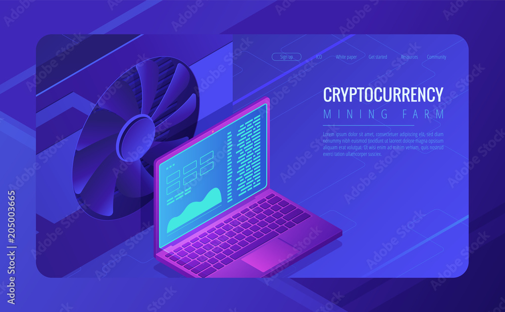 Isometric mining farm landing page concept. GPU mining farm, cryptocurrency mining concept. Blockchain video card farm and laptop on ultraviolet background. Vector 3d isometric illustration