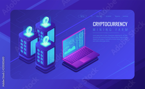 Isometric mining farm landing page concept. Bitcoin mining farm, cryptocurrency mining concept. Blockchain server room racks and laptop on ultraviolet background. Vector 3d isometric illustration