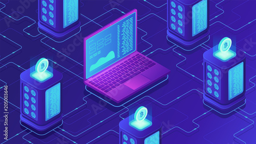 Isometric mining farm concept. Bitcoin mining farm, cryptocurrency mining concept. Blockchain server room racks and laptop on ultraviolet background. Vector 3d isometric illustration