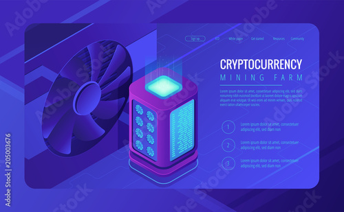 Isometric mining farm landing page concept. Blockchain server mining farm, cryptocurrency mining concept. Rack server and GPU cooler on ultraviolet background. Vector 3d isometric illustration