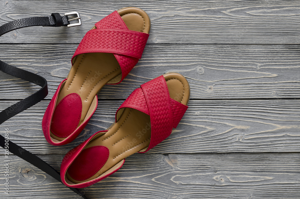 Set of womens shoes (flat sandals) on wooden background. Spring Stock Photo  by ©helena_mozhjer 254167978