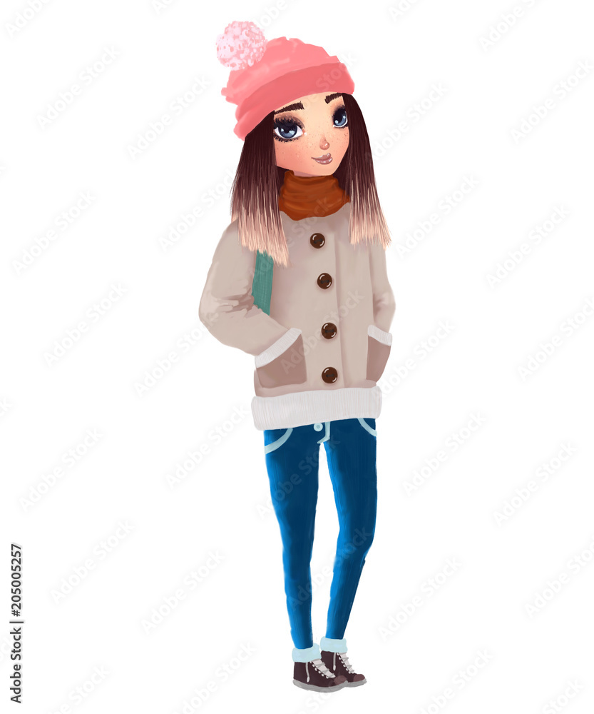 cute beautiful girl raster illustration. adorable teenager wearing warm  winter clothes: hat with pom-pom, jacket, scarf, jeans, boots. ombre dyed  hair style. watercolor element design. Illustration Stock | Adobe Stock