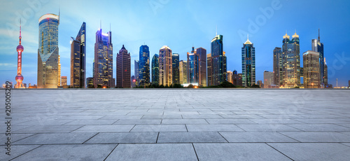 Photography empty square floor and city skyline scene in shanghai at night