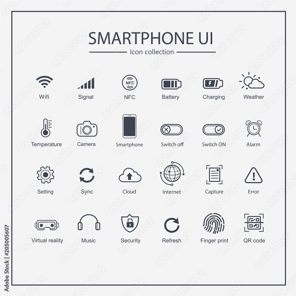 Smart Phone UI Icon collection set, finger print, qr code, signal, vr and user interface icon. Flat design.