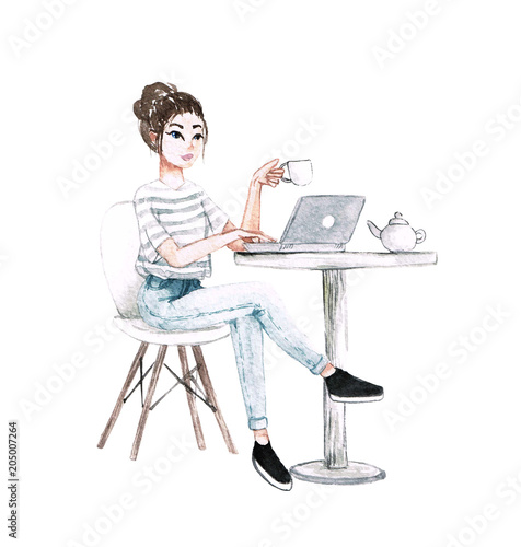 watercolor girl work at cafe with cup of coffee, laptop