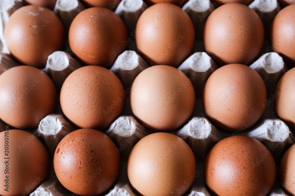 Close-up view of raw chicken eggs in egg box isolated with white background Close-up view of raw chicken eggs in egg box isolated with white background