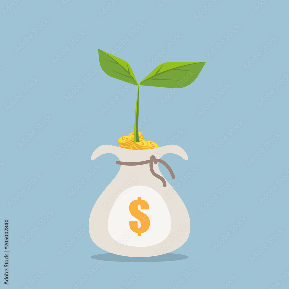 Money saving and money bag with little tree, vector illustration Money saving and money bag with little tree, vector illustration