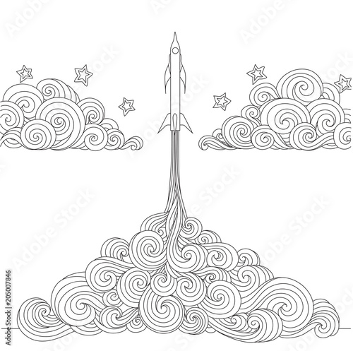 Line art design of a Rocket launching for design element and coloring book page. Vector illustration