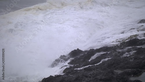 Slow-motion footage of waves breaking against the rock wall in Depoe Bay, in Oregon, on a stormy day.  Shot on a Blackmagic Ursa Mini Pro 4.6k with a Sigma 50-100mm f/1.8.
