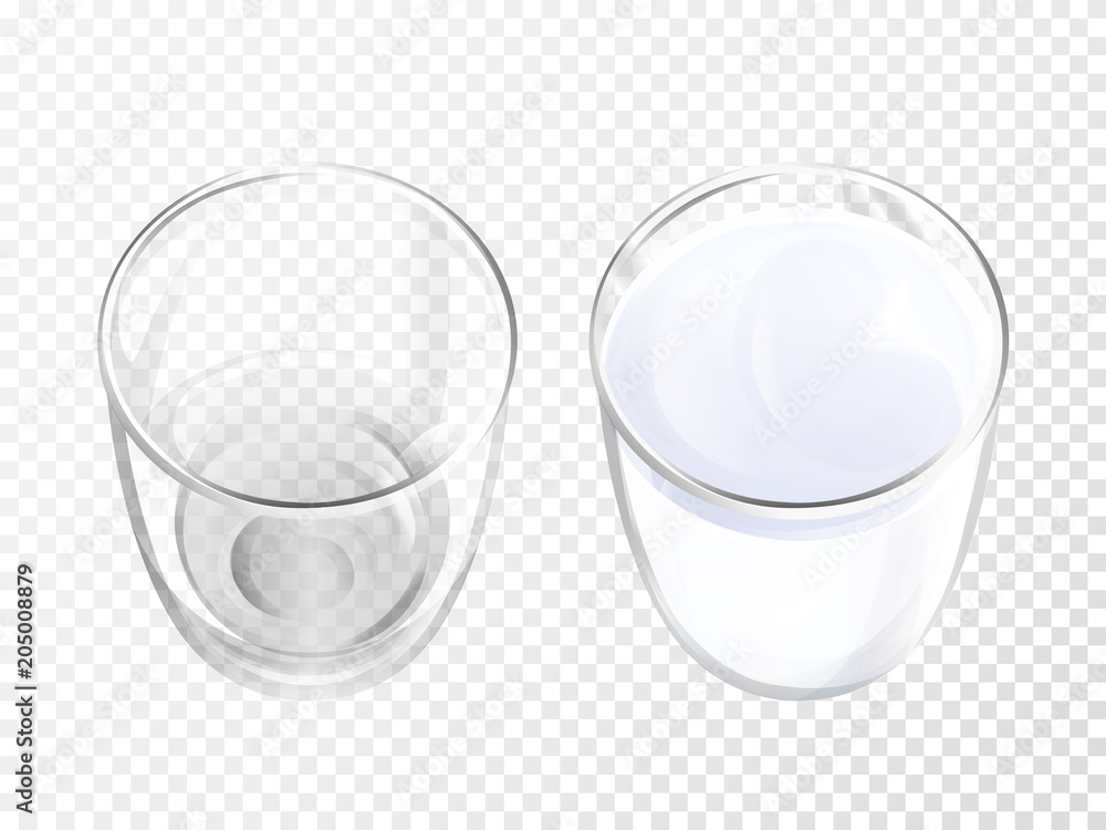Milk glass 3D vector illustration of realistic crockery for dairy drink or  yogurt top view. Isolated empty and full crystal glasses or glassware  mockup template models set on transparent background Stock-vektor