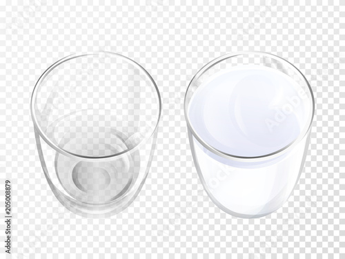Milk glass 3D vector illustration of realistic crockery for dairy drink or yogurt top view. Isolated empty and full crystal glasses or glassware mockup template models set on transparent background
