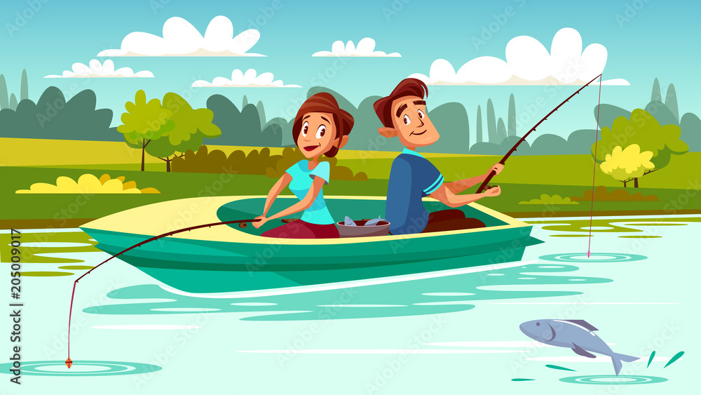 Couple fishing vector illustration of young man and woman in boat with rods  on lake for