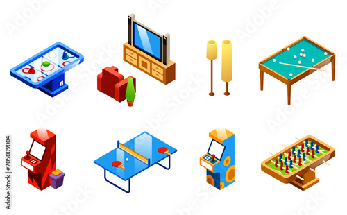 Vector isometric recreation room entertainments and amusements set. Table tennis or ping-pong, foosball and air hockey, TV set with armchair, two slot machines and snooker table with cue, floor lamps