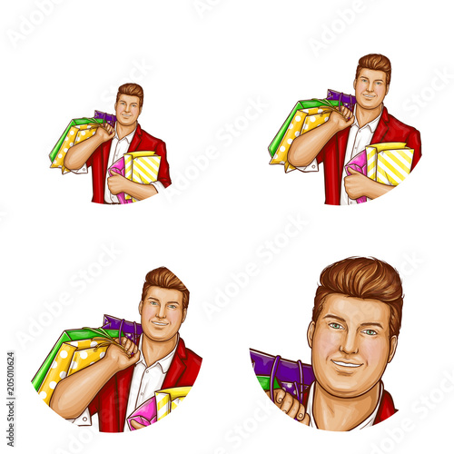 Vector pop art avatar of pretty fat man with shopping bags. Networking element with obese handsome character in suit, red jacket. Fatty dandy with package for chat, ,blog.