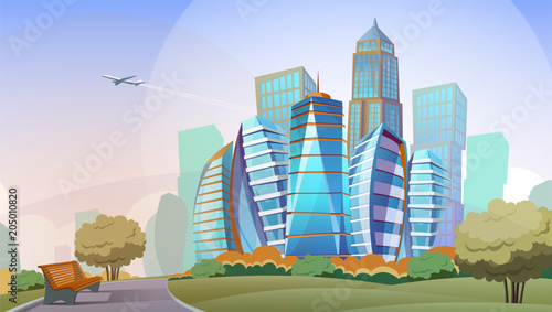 Cityscape vector cartoon background. Panorama of modern city with high skyscrapers and park, downtown with residential multistorey buildings and business offices. Urban skyline concept illustration