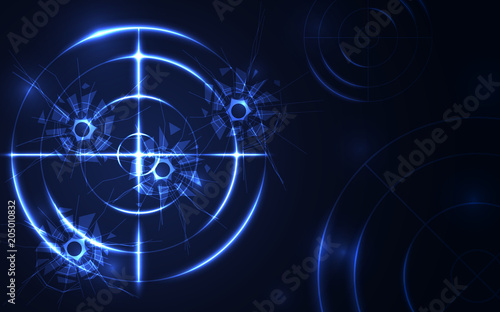 Abstract blue radar, target, shooting range with bullet hole digital technology concept.