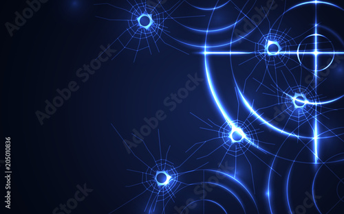 Abstract blue radar, target, shooting range with bullet hole digital technology concept.