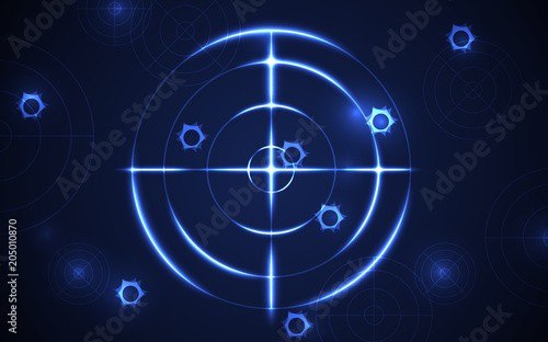 Abstract blue radar, target, shooting range digital technology concept.
