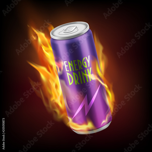 Vector realistic aluminum can with energy soft drink, burning in flames isolated on dark background. Tin purple container with carbonated tonic, soda or alcoholic beverage. Mockup for package design